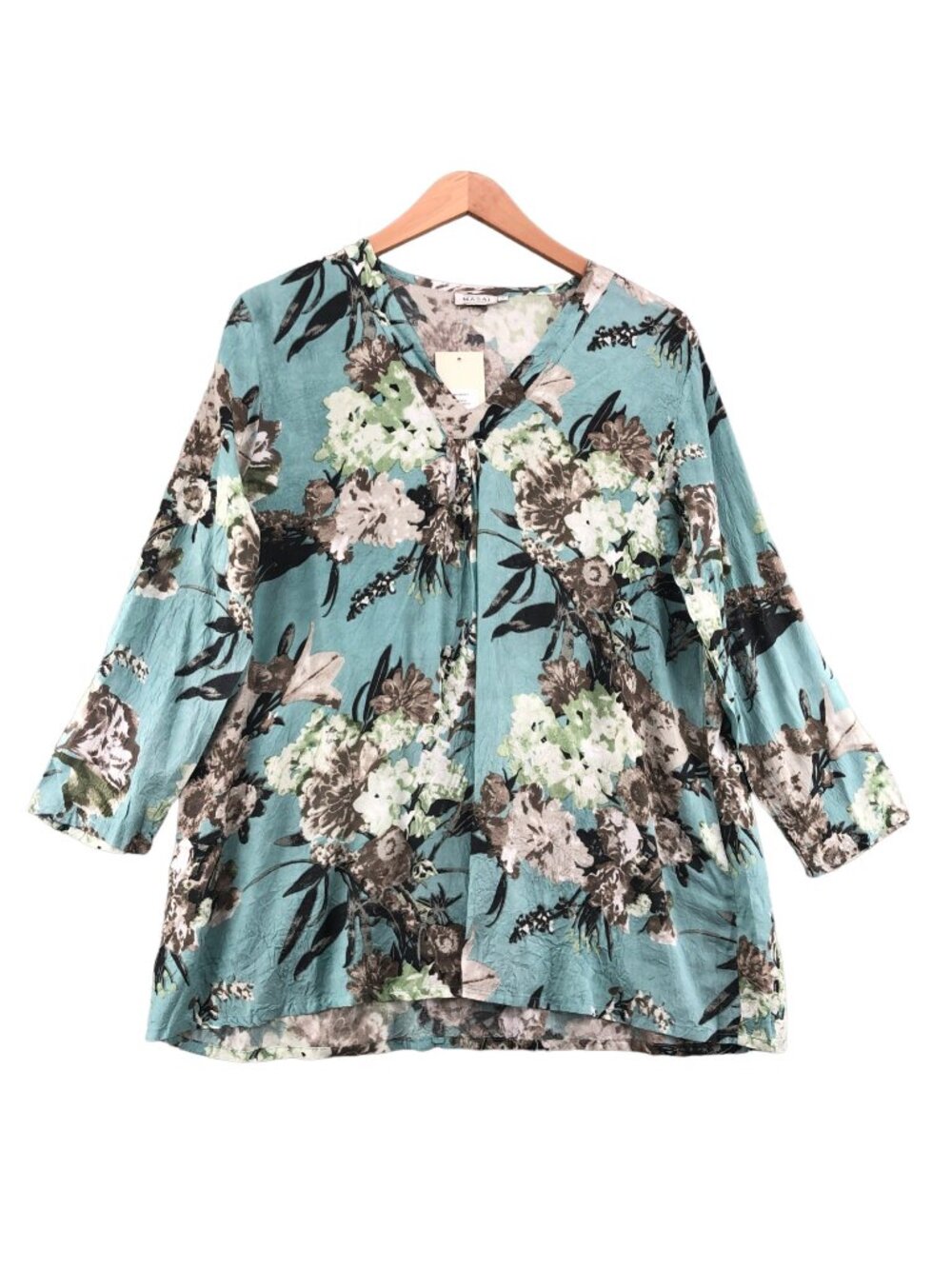 Masai Top Womens Large Buelle Blue Floral Blouse 3/4 Sleeves V Neck Tunic NWT